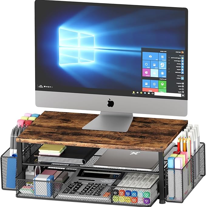 Desk Organizers and Accessories, 2-Tier Computer Monitor Stand for Desk Organizer with Drawer and 2 Pen Holders, Office Desk Accessories Workspace Desktop Organizers for Office Supplies, Brown