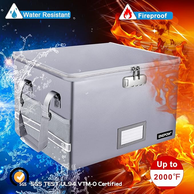 ENGPOW File Box with Lock,Fireproof Document Box with Pockets,Collapsible File Storage Organizer Filing Box with Handle,Portable Home Office File Cabinet Safe for Hanging Folders,2 Pack(Silver)