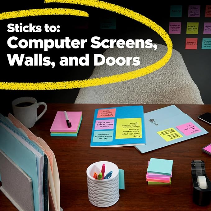 Post-it Super Sticky Notes, 5 Sticky Note Pads, 3 x 3 in., School Supplies, Office Products, Sticky Notes for Vertical Surfaces, Monitors, Walls and Windows,Canary Yellow