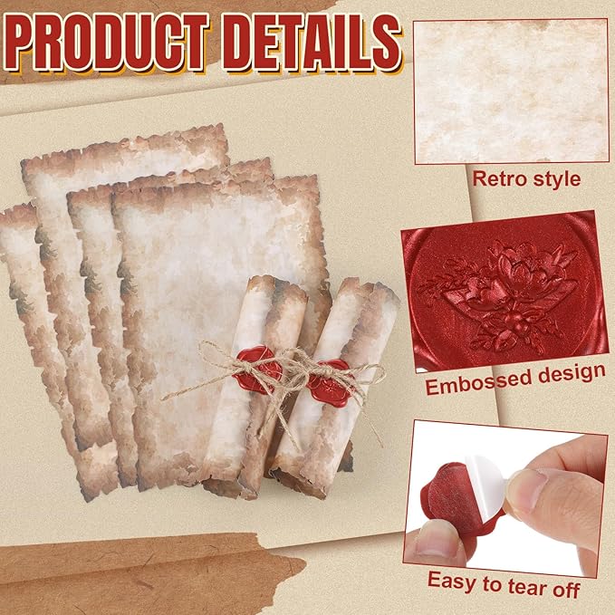 Vintage Writing Invitations Set Includes 100 Letter Antique Scroll Rustic Papers 100 Wax Seal Stickers 3 Strands of Twine for Valentines Mother Stationery Old Medieval Cardstock(4 x 6 Inch)