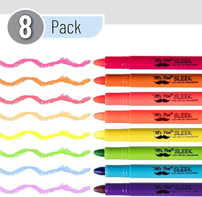 Mr. Pen No Bleed Gel Highlighter, Bible Highlighters, Assorted Colors, Pack of 8, Fluorescent Gel Highlighters