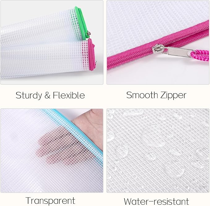 Sooez 24 Pack Mesh Zipper Pouch with Sticky Labels, A4 Size Mesh Bags for Board Game & Puzzles Organizing Storage, Durable Letter Size File Bags for Office Classroom Organization, 12 Assorted Colors