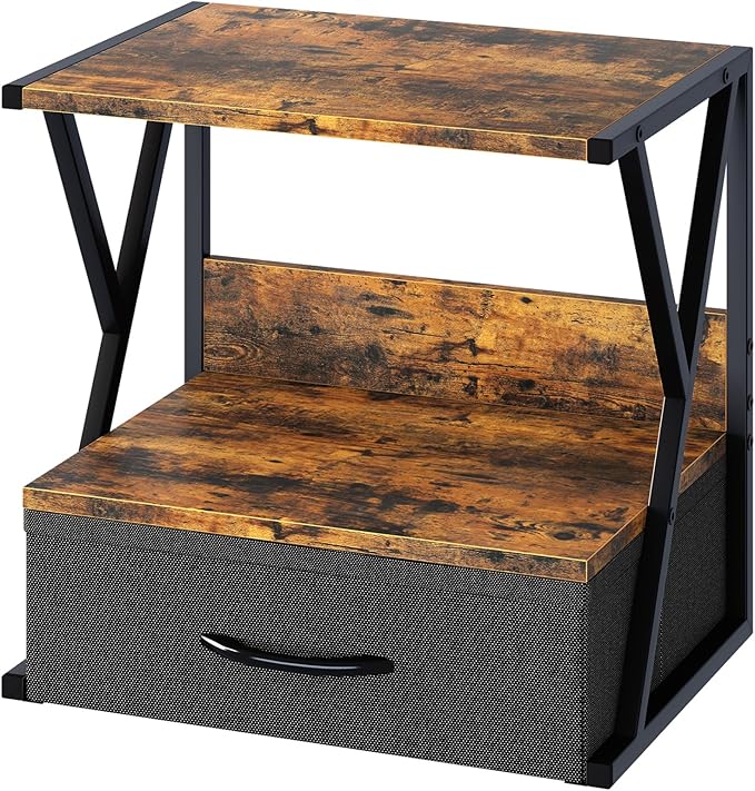 aboxoo Printer Stand For Desk With Storage Drawer, 2 Tier Desktop Or Under Desk Shelf, Multi-Purpose Desk Organizer For Home Office, fit Fax Machine/3D Printer/Scanner, Rustic Brown