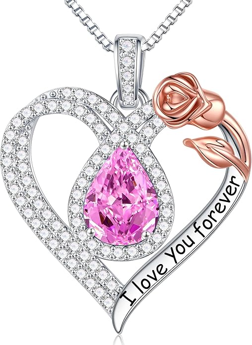 Hidepoo Christmas Gifts for Women Mom Wife - Sterling Silver Rose Heart Birthstone Necklace I Love You Forever Heart Pendant Teardrop Necklace Jewelry Anniversary Valentines Christmas Birthday Gifts