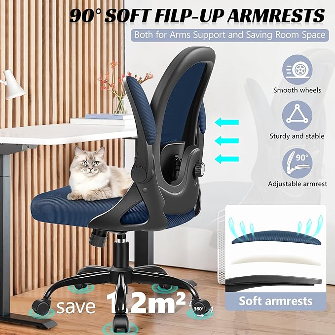 Office Chair Ergonomic Desk Chair with Adjustable 3D Lumbar Support and Height, Comfy Mesh Computer Chair with Flip-up Armrests, Swivel Rolling Task Chair with Wheels for Home Office (Navy)