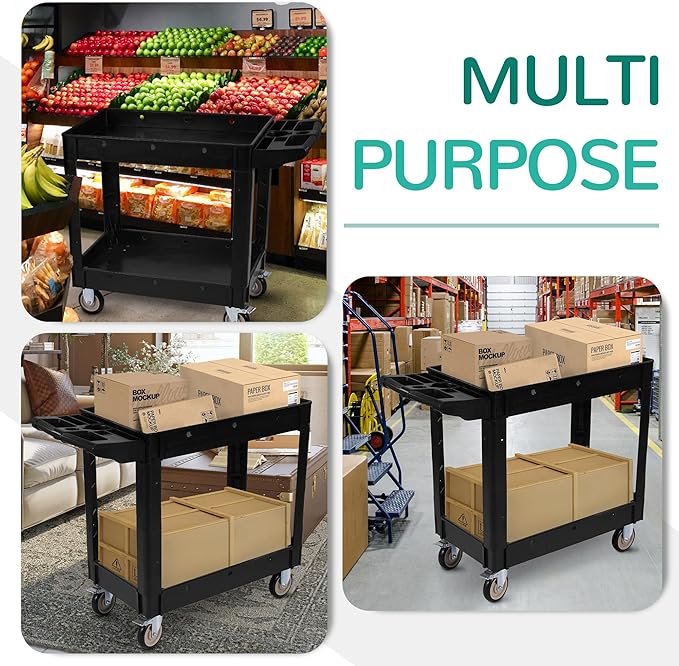 Elevon Service Utility Cart, 2-Shelf 550LBS Heavy Duty Plastic Rolling Tool Cart 2 Swivel Casters with Brakes, Ergonomic Storage Handle for Warehouse, Garage, Cleaning, Manufacturing - Black