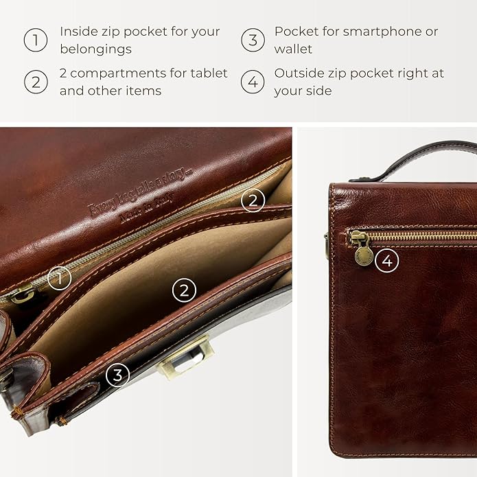 Time Resistance Small Leather Briefcase for Men - Crossbody Bag - Italian Leather Messenger Bag - Gift Box Included