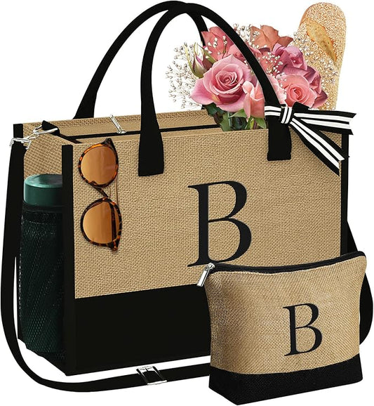 YOOLIFE Christmas Gifts for Women - Initial Jute Tote Bag & Makeup Bag, Birthday Gifts for Women Her Mom Teacher Friend
