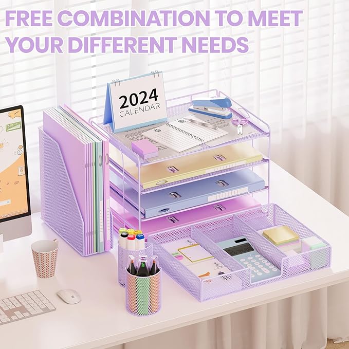 Paper Clip Holders Desk Organizers and Accessories,4-Tie Leter Tray Organizer with 2 Pen File Holder,Desk Drawer,Ofice Accesorie for Office Supplies,Purple