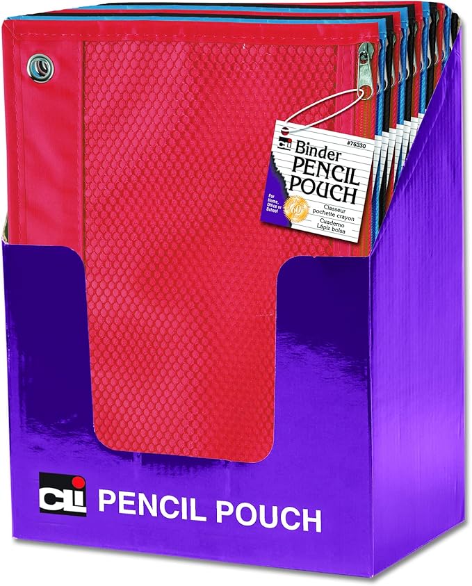 Charles Leonard Pencil Pouch for Binder, 1 Pocket with Zipper and Mesh Front, Assorted Colors, 24-Pack (76330-ST)