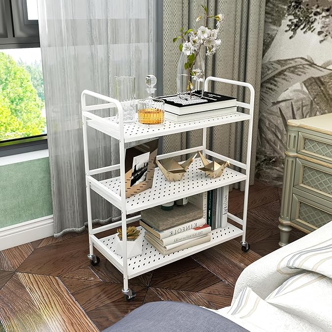 3-Tier Mesh Metal Rolling Cart, Multipurpose Heavy Duty Cart, Multipurpose Storage Rack,Utility Cart, High Capacity Cart with Locking Wheels(White)