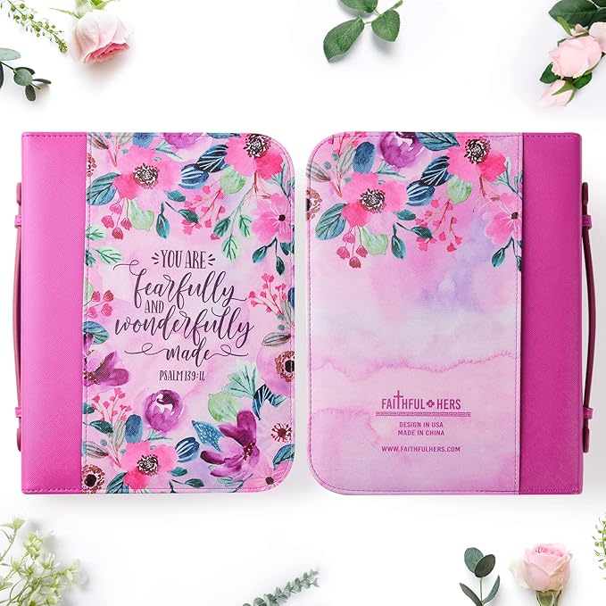 Bible Covers Case for Women Large Leather Bible Carrying Cases Holder Pink 10.8"x7.8"x2" Floral Bible Carrier Tote Bags with Bookmarks Handles Pockets Christian Study Bible Book Gifts
