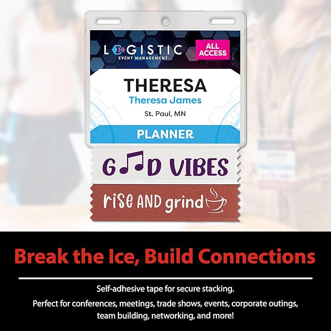 Icebreaker Corporate Badge Ribbons with Adhesive, 4" x 1-5/8" 100pk (10 Titles, 10 per Title), Satin Ribbon