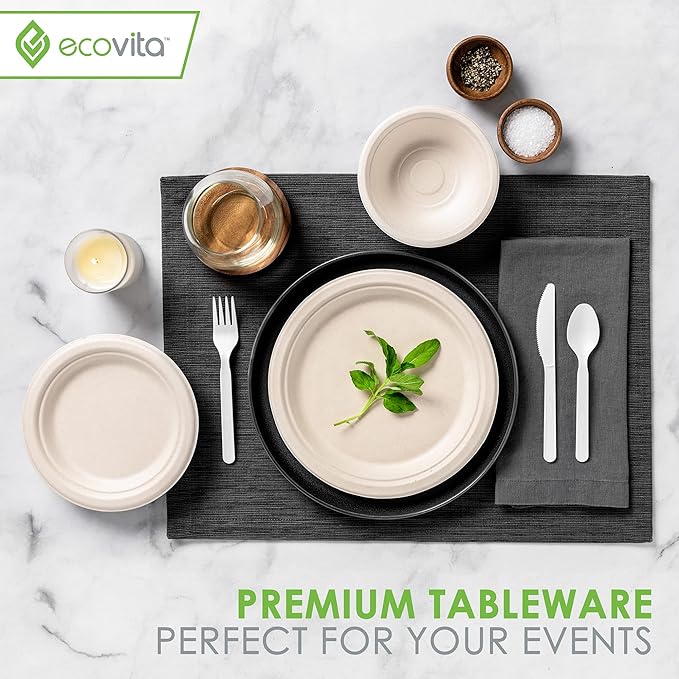 100% Compostable Knives - 500 Large Disposable Utensils (7 in.) Bulk Size Eco Friendly Durable and Heat Resistant Alternative to Plastic Knives with Convenient Tray