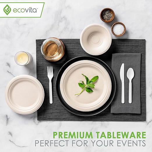 100% Compostable Forks Spoons Knives Cutlery Combo Set - 380 Large Disposable Utensils (7 in.) Eco Friendly Durable and Heat Resistant Alternative to Plastic Silverware with Convenient Tray