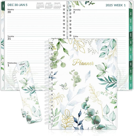 SUNEE 2025 Weekly and Monthly Planner - from January 2025 - December 2025, 6.4" x 8.3" Daily Agenda Planner with Monthly Tab, Flexible Cover, Note Pages, Pockets, Bookmark, Spiral Binding, Eucalyptus