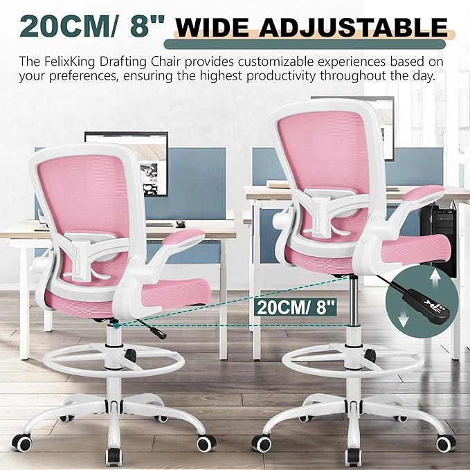 FelixKing Drafting Chair Ergonomic Tall Office Chair, Breathable Mesh Chair with Adjustable Footrest Ring Lumbar Support Flip-up Armrests, High Back Executive Comfy Task Computer Chair for Home Office