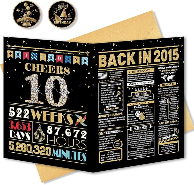 10th Birthday Card, 10th Birthday Decorations for Girl Boys, 10th Birthday Gifts for Daughter Son, Back in 2015 Birthday Card, Black Gold