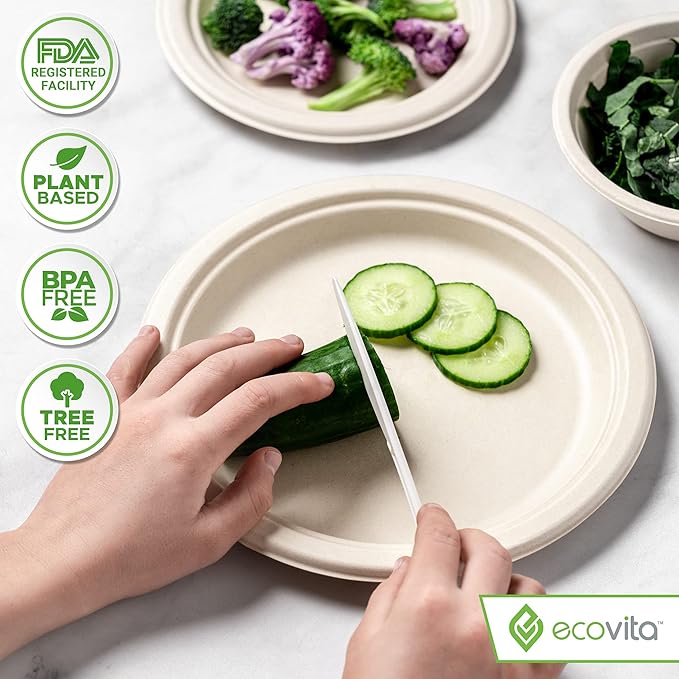 100% Compostable Knives - 140 Large Disposable Utensils (7 in.) Eco Friendly Durable and Heat Resistant Alternative to Plastic Knives with Convenient Tray