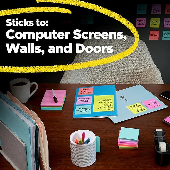 Post-it Super Sticky Notes, 24 Sticky Note Pads, 3 x 3 in., School Supplies, Office Products, Sticky Notes for Vertical Surfaces, Monitors, Walls and Windows, Supernova Neons Collection