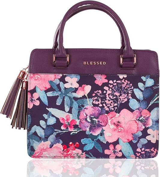 Christian Art Gifts Women's Fashion Bible Cover Purse Style Blessed, Purple Floral Faux Leather, Large