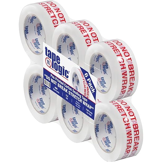 Aviditi Tape Logic 2 Inch x 110 Yard 2.2 Mil Red/White, Heavy Duty Packing Tape, "Do Not Break Stretch Wrap" 6 Pack, Perfect for Packing, Shipping, Moving, Home and Office
