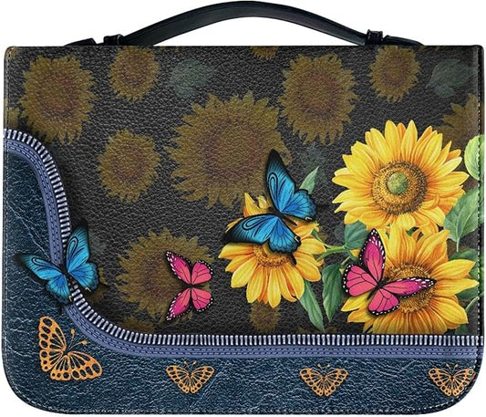 Lotusorchid Butterfly Sunflower Faux Leather Bible Covers for Women, Portable Zippered Bible Carrying Case Bible Tote Bag for Women Girls, Christian Bible Study Accessories, Blue,2XL