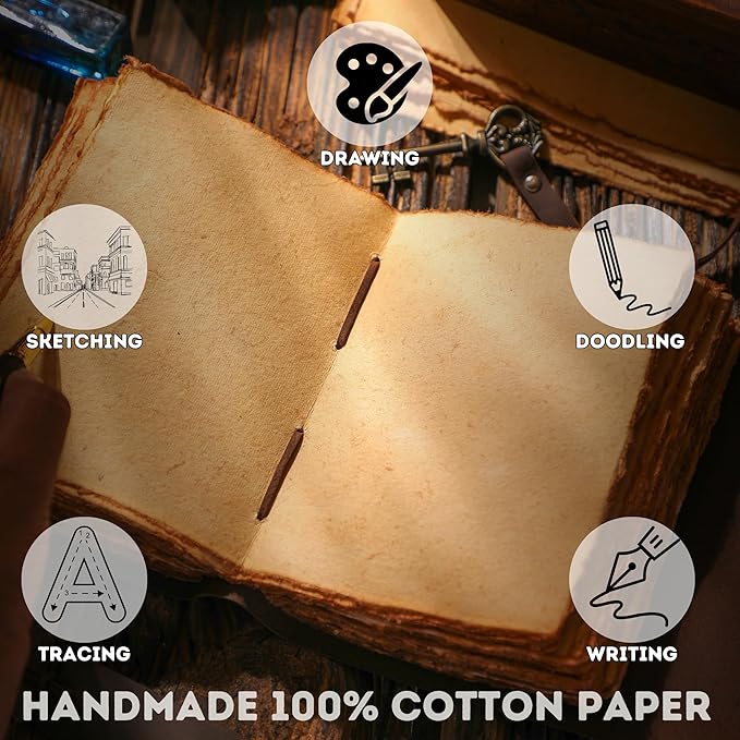 Fausta Vintage Handcrafted Leather Journal with Key for Writing, 240 Pages 8 x 6 inches, Deckled Cotton Paper Notebook/Diary for Men and Women 150 GSM Drawing/Sketchbook, Rustic Brown