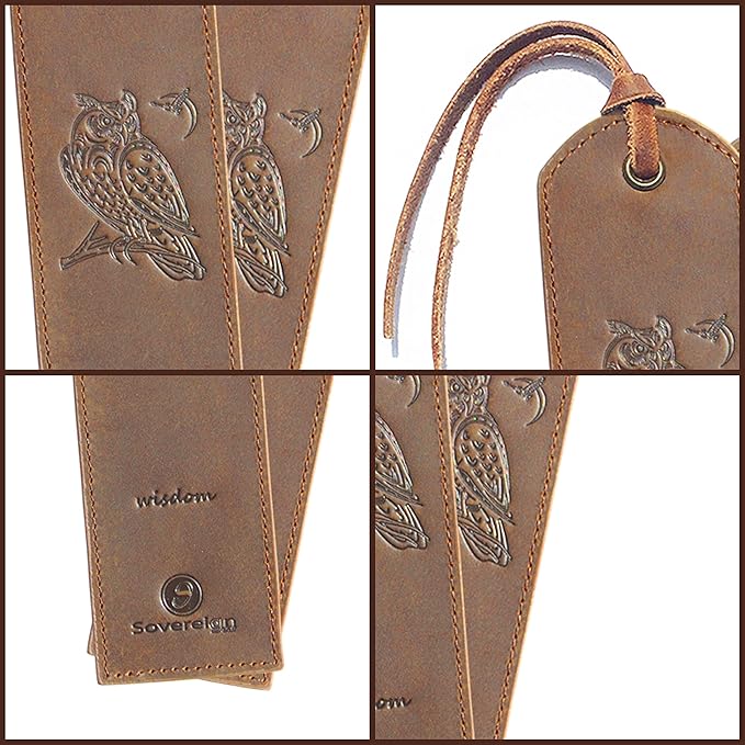 Leather Bookmarks for Men and Women | Quality Mens Bookmark with Wise Owl | 2 Smooth Handmade Leather Book Markers for Men Women Book Lovers Readers (7x2) Leather Gift | Sovereign-Gear