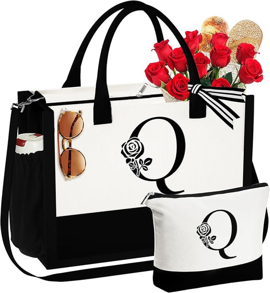 YOOLIFE Christmas Gifts for Women - Initial Canvas Tote Bag & Makeup Bag Birthday Gifts for Women Mom Friend Teacher Sister