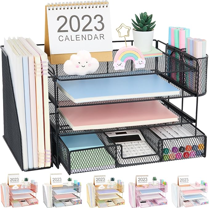 Desk Organizers and Accessories, Desk Accessories & Workspace Organizers for Office Supplies, File Organizer Desk Drawer Organizer with 2 Pen Holders, 4 Tier Paper Organizer for Desk(Black)