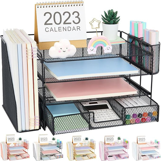 Desk Organizers and Accessories, Desk Accessories & Workspace Organizers for Office Supplies, File Organizer Desk Drawer Organizer with 2 Pen Holders, 4 Tier Paper Organizer for Desk(Black)