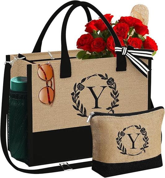 YOOLIFE Christmas Gifts for Women - Initial Tote Bag & Makeup Bag, Birthday Gifts for Women Mom Teacher Friend Christmas Gift