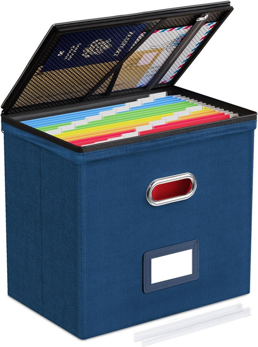 Oterri File Organizer Boxes with Lids, File Box with Mesh Pockets, Document Organizer Box for Letter Size Folders, Zippers Important Document Organizer (Dark Blue, Small-1 Pack Without Folders)
