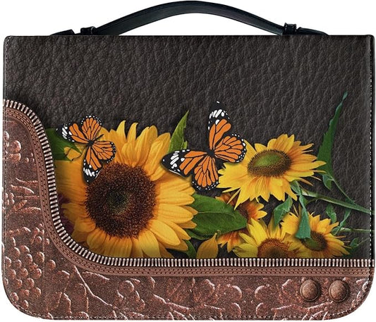 Lotusorchid Bible Covers for Women Men PU Leather Bible Case, Portable Sunflower Butterfly Bible Bag Tote Book Carrying Case Christian Bible Accessories with Handle Pocket, Brown,XL