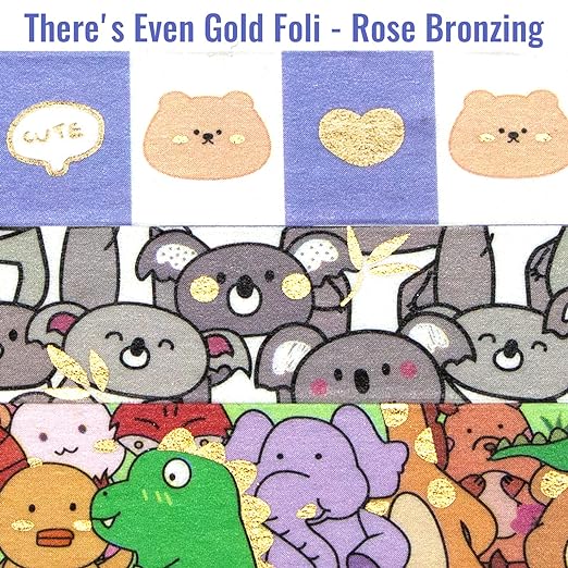 WAPETASHI Cute Washi Tape Set - 24 Rolls Kawaii Animals Gold Foil Decorative Masking Tape for Journaling, Scrapbooking, Kids DIY Crafts, Aesthetic Supplies, Planners, Bullet Journal