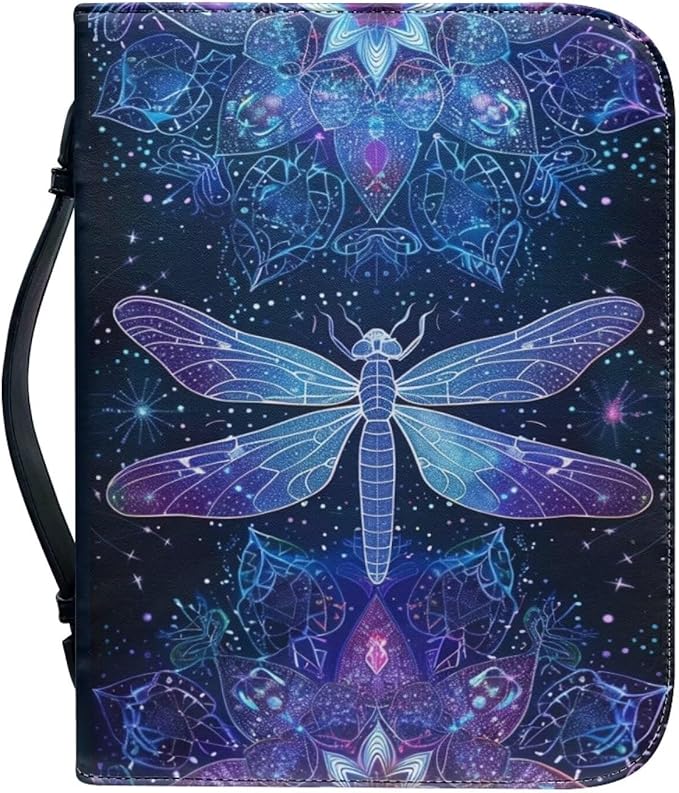Lotusorchid Dragonfly Print Bible Covers for Women PU Leather Bible Case, Portable Bible Tote Bag Bible Book Carrying Case Christian Bible Accessories with Handle Pocket, Blue, 2XL