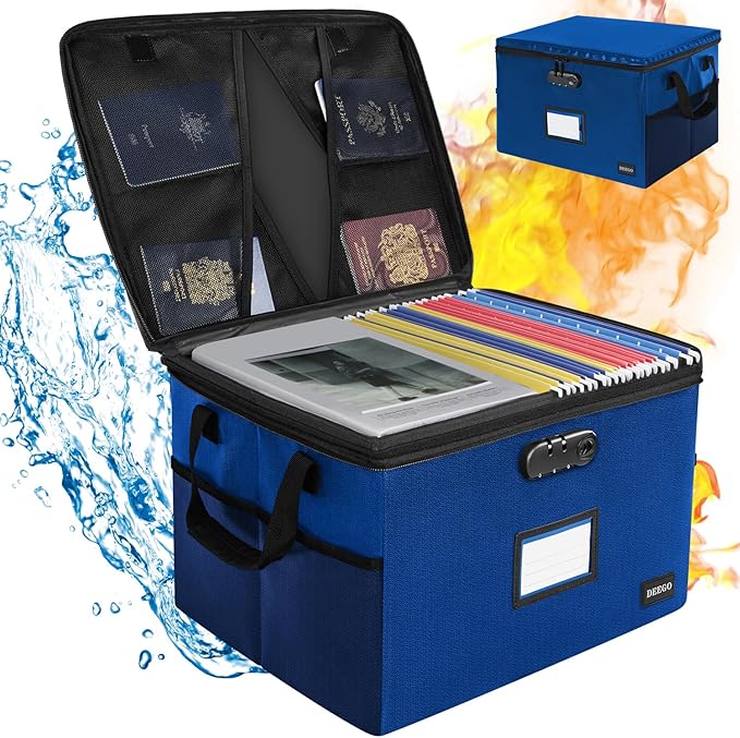 DEEGO Fireproof Document Box, Water-Resistant File Organizer Box with Lock, Portable File Box with Handle Document Safe Collapsible File Cabinets for Home Office for Hanging Letter/Legal Folder, Blue