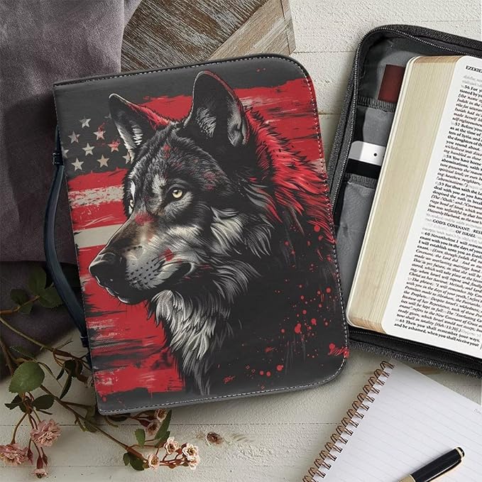 Lotusorchid American Flag Wolf Bible Bags, Faux Leather Bible Covers with Handle Pockets for Women, Portable Sturdy Bible Bag for Men, Christian Bible Study Accessories, Black and Red, 2XL