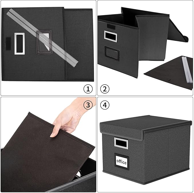 Upgraded File Organizer Boxes with Lids, Huolewa Collapsible Linen Hanging Filing & Storage Boxes with Plastic Slide for Office/Decor/Home, Filling System for File/Folders/Document Storage -2 Pack