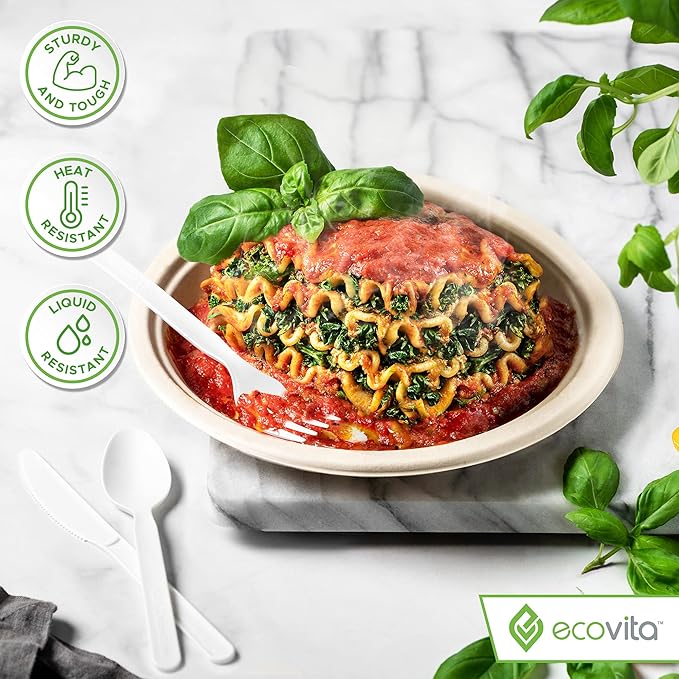100% Compostable Knives - 500 Large Disposable Utensils (7 in.) Bulk Size Eco Friendly Durable and Heat Resistant Alternative to Plastic Knives with Convenient Tray