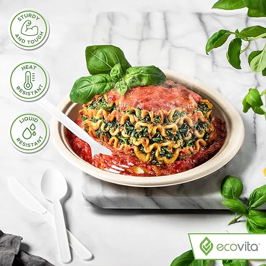 100% Compostable Forks Spoons Knives Cutlery Combo Set - 380 Large Disposable Utensils (7 in.) Eco Friendly Durable and Heat Resistant Alternative to Plastic Silverware with Convenient Tray