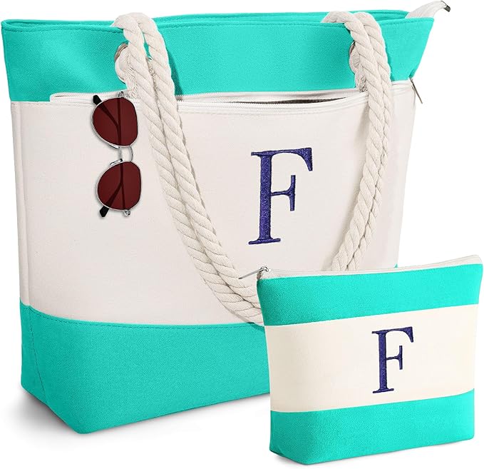 YOOLIFE Christmas Gifts for Women - Initial Canvas Tote Bag & Makeup Bag, Birthday Gifts for Women Mom Teacher Friend Sister
