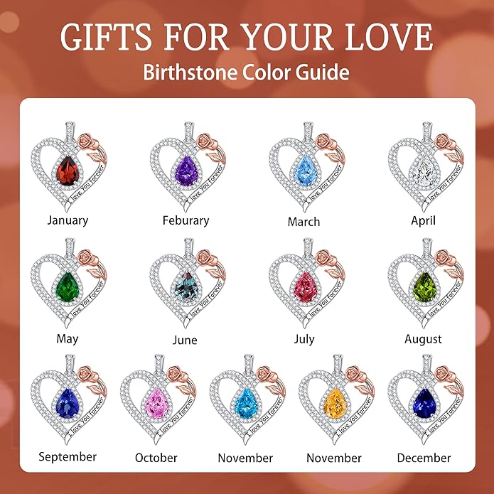 Hidepoo Christmas Gifts for Women Mom Wife - Sterling Silver Rose Heart Birthstone Necklace I Love You Forever Heart Pendant Teardrop Necklace Jewelry Anniversary Valentines Christmas Birthday Gifts