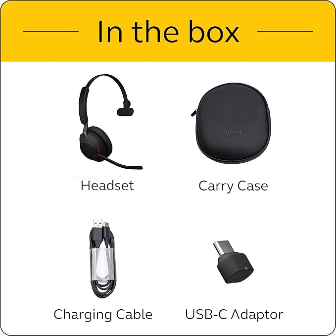 Jabra Evolve2 65 UC Wireless Headset with Link380c, Mono, Black – Wireless Bluetooth Headset for Calls and Music, 37 Hours of Battery Life, Passive Noise Cancelling Headphones