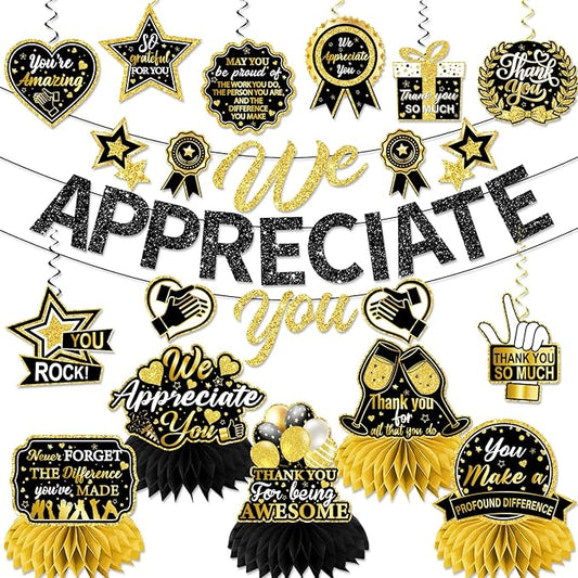 We Appreciate You Decorations, Black Gold Thank You Decorations includes We Appreciate You Banner and Employee Appreciation Table Decorations and Hanging Swirls for Pastor Appreciation Decorations