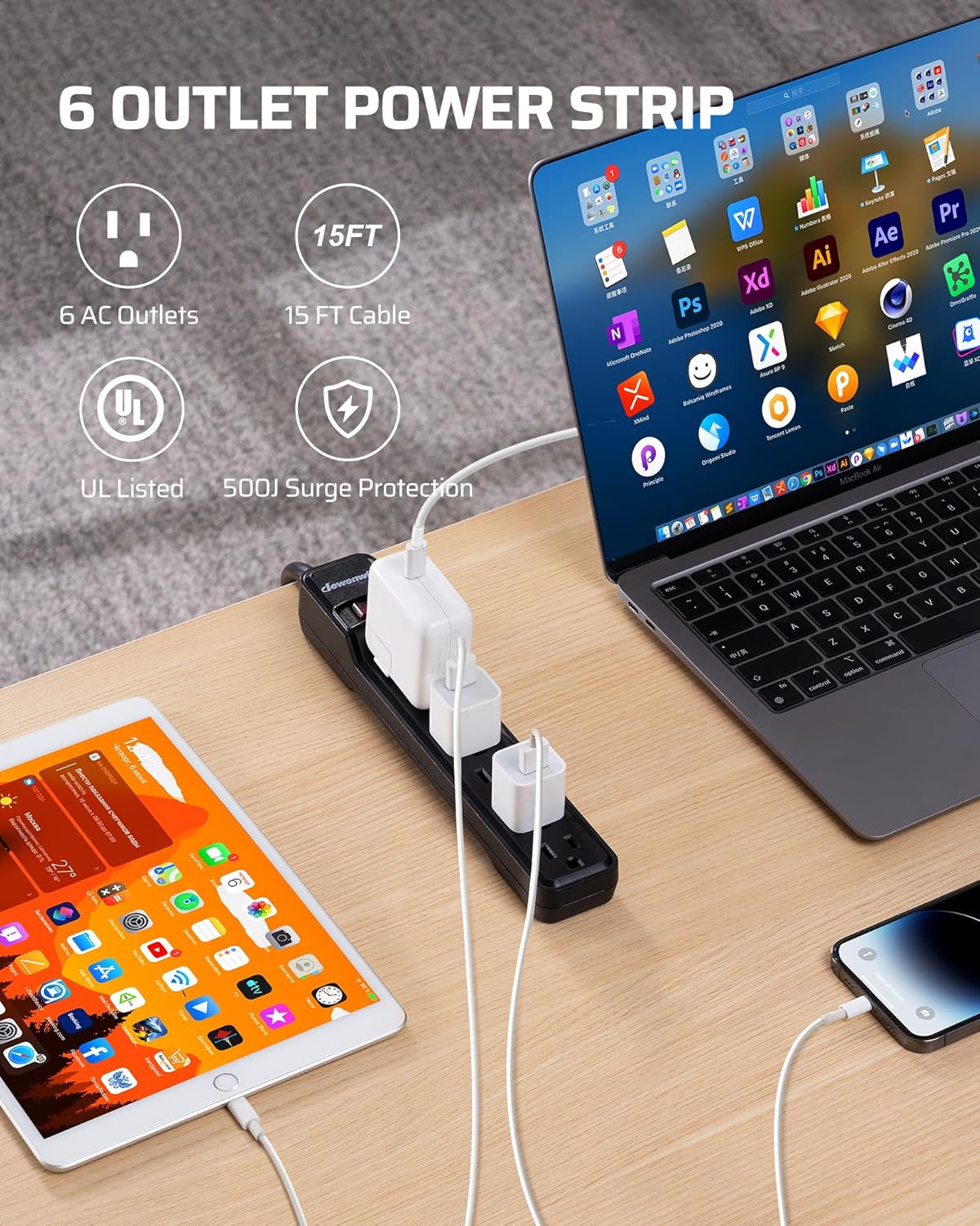 DEWENWILS 6-Outlet Power Strip Surge Protector, 15FT Long Extension Cord, Low Profile Flat Plug, 15 Amp Circuit Breaker, 500 Joules, Wall Mount, Black, UL Listed