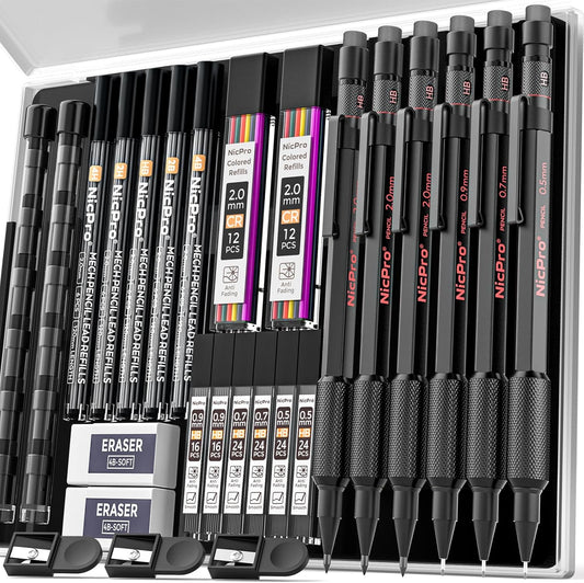Nicpro Metal Mechanical Pencil Set, 3PCS Art Drafting Pencil 0.5, 0.7, 0.9MM & 2PCS 2MM Mechanical Drawing Pencils with 126 Lead(4B 2B HB 2H 4H Color) Weatherproof Barrel for Writing Sketching Drawing