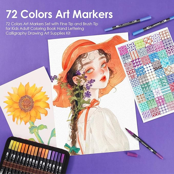 Double Brush Marker Pens, 72 Colors Art Markers Set with Fine Tip and Brush Tip for Kids Adult Coloring Book Hand Lettering Calligraphy Drawing Art Supplies Kit