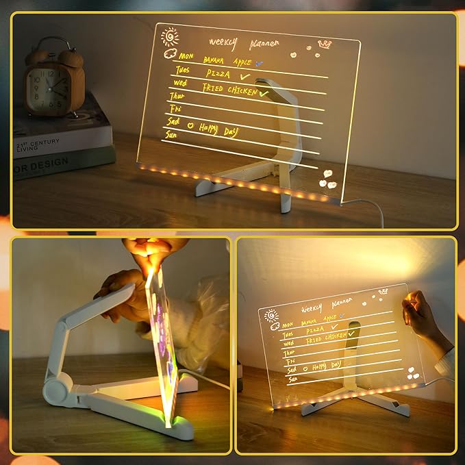 LED Note Board with Colors,LED Drawing Pad with 7 Color Pen,Light Up Acrylic Message Board with Adjustable Stand,Acrylic Dry Erase Board with Light for Office School Home,Gift for Kids(6"x6")
